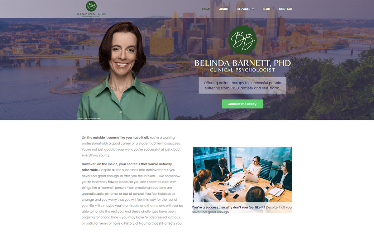 Dr. Belinda Barnett Clinical Psychologist Website, Home Page, 16:10 Screenshot
