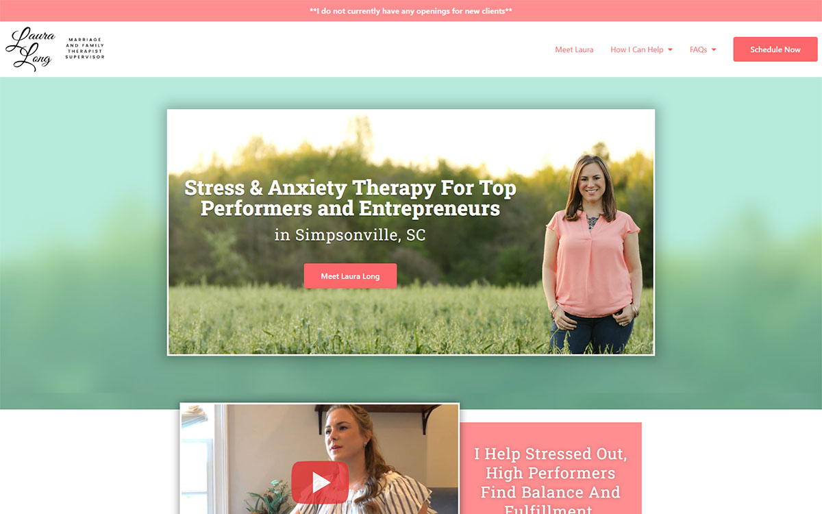 Laura Long Therapy Website, Home Page, 16:10 Screenshot